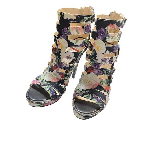 Bar III Womens Floral Gladiator High Heel Sandals With Back Zipper Size 10 Black - Picture 3 of 8